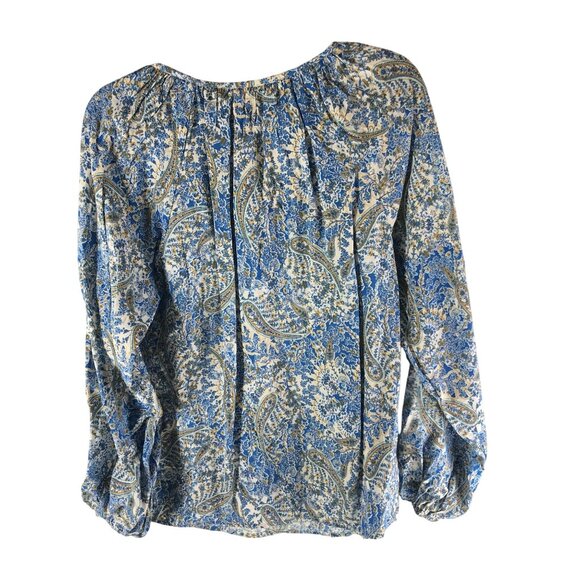 Emily Wonder Blue White Paisley Patterned Peasant Blouse V Neck S - Picture 2 of 4
